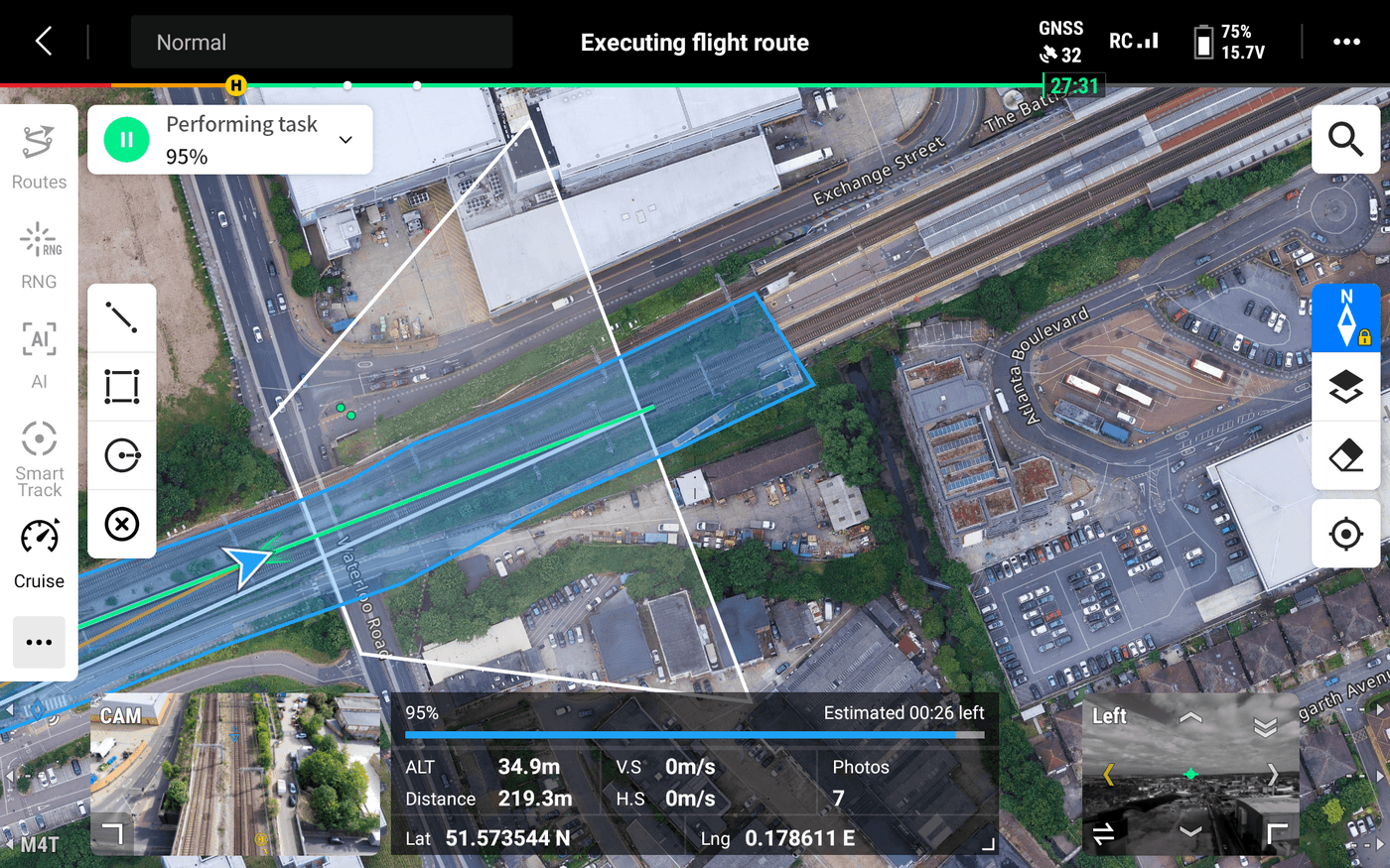 FlightHub 2 executing an automated flight route over the rail corridor